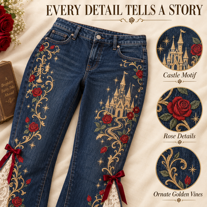 🌹👖 Enchanted Rose – High-Waisted Lace Panel Flare Jeans