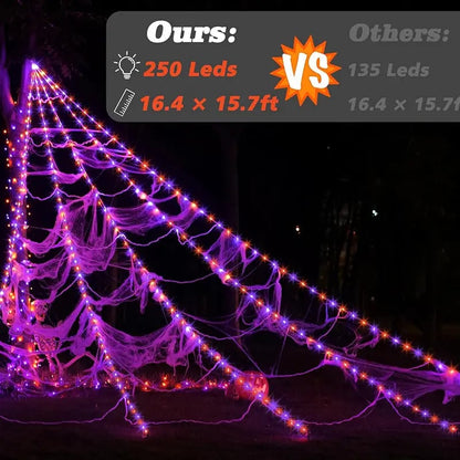 🕷️Light-Up Halloween Spider Web Decor with Timer – Waterproof Purple & Orange LED Spooky Lights for Lawn & Outdoor Party