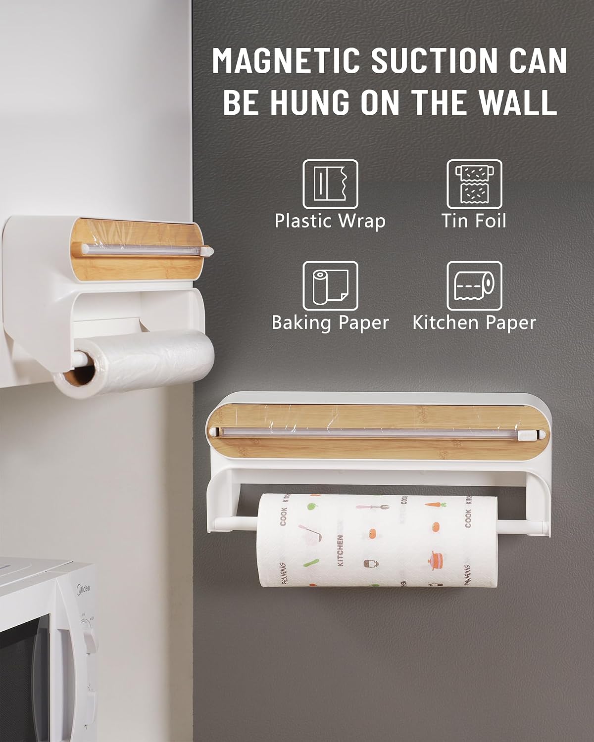 🧲49% OFF NOW! 2-in-1 Magnetic Kitchen Wrap Dispenser – Built-in Cutter Plastic Wrap Foil Dispenser with Paper Towel Holder, No Drilling Wall Mount Kitchen Organizer for Fridge & Cabinet