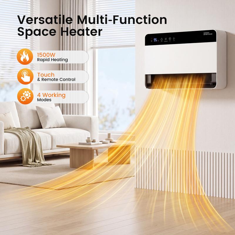 16IN Wall Mounted Space Heater, 1500W Fast Heating Convection Heater with 60° Vertical Swing, Touch & Remote Control, 4 Modes, Overheat Auto-Shutoff, V-0 Flame Retardant Housing, Child Lock for Home Bedroom