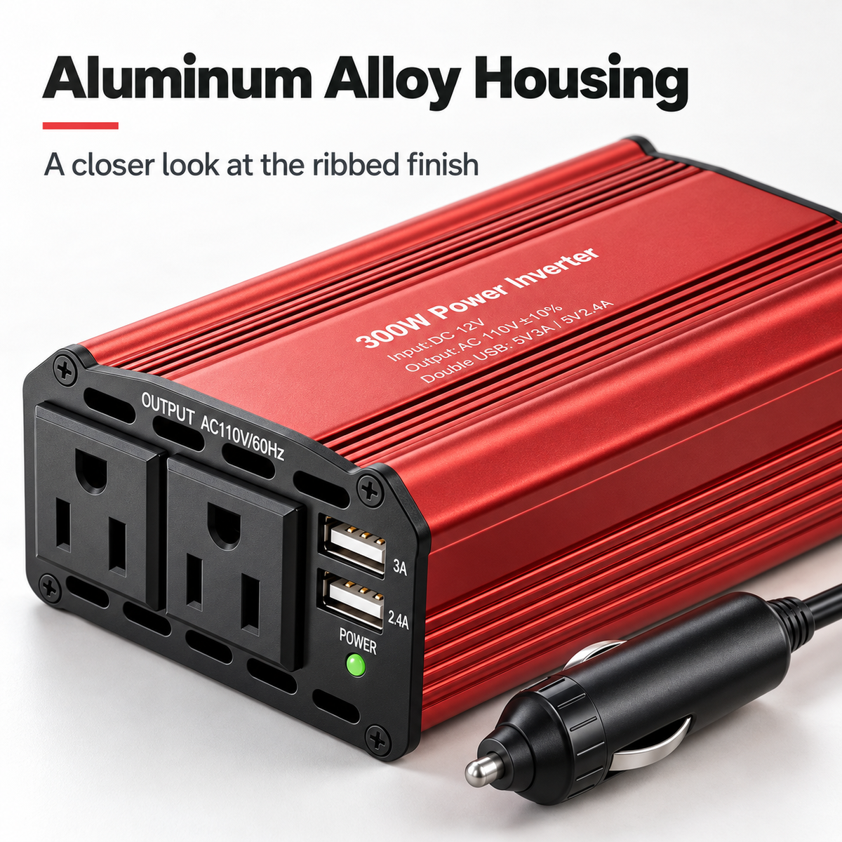 ⚡300W Car Power Inverter | DC 12V to 110V AC Converter | 2 AC Outlets & 2 USB‑A Ports, Aluminum Housing with Cooling Fan for Road Trip & Camping