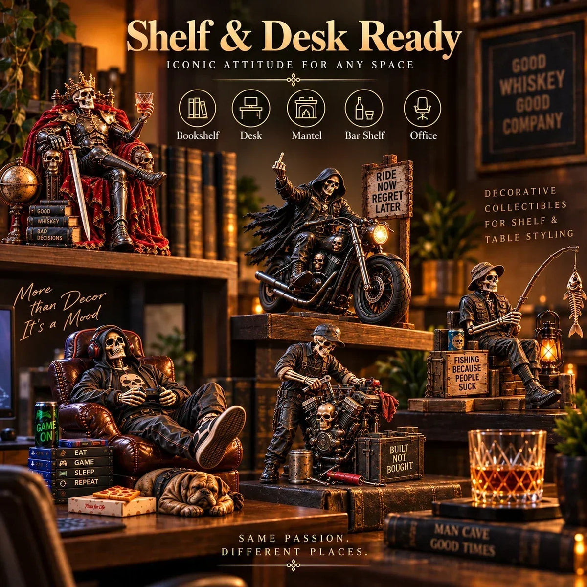 💀🔥 Bad to the Bone – 6 Dark Humor Skeleton Collectibles for Men, Man Cave Decor & Unique Gifts 🎁