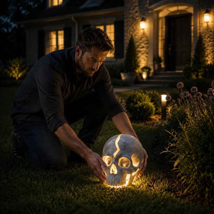 🌱✨ Limited Time 50% OFF✨ Cracked Skull Solar Garden Light, Waterproof Warm LED Skull Sculpture Lamp For Lawn, Pathway, Yard Halloween Outdoor Decor Ornament