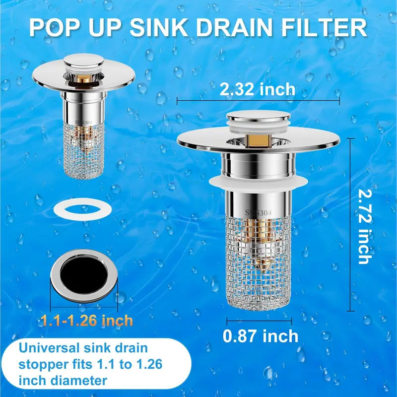 🚰✨ DrainGuard – 2-in-1 Pop-Up Sink Stopper & Stainless Steel Hair Catcher