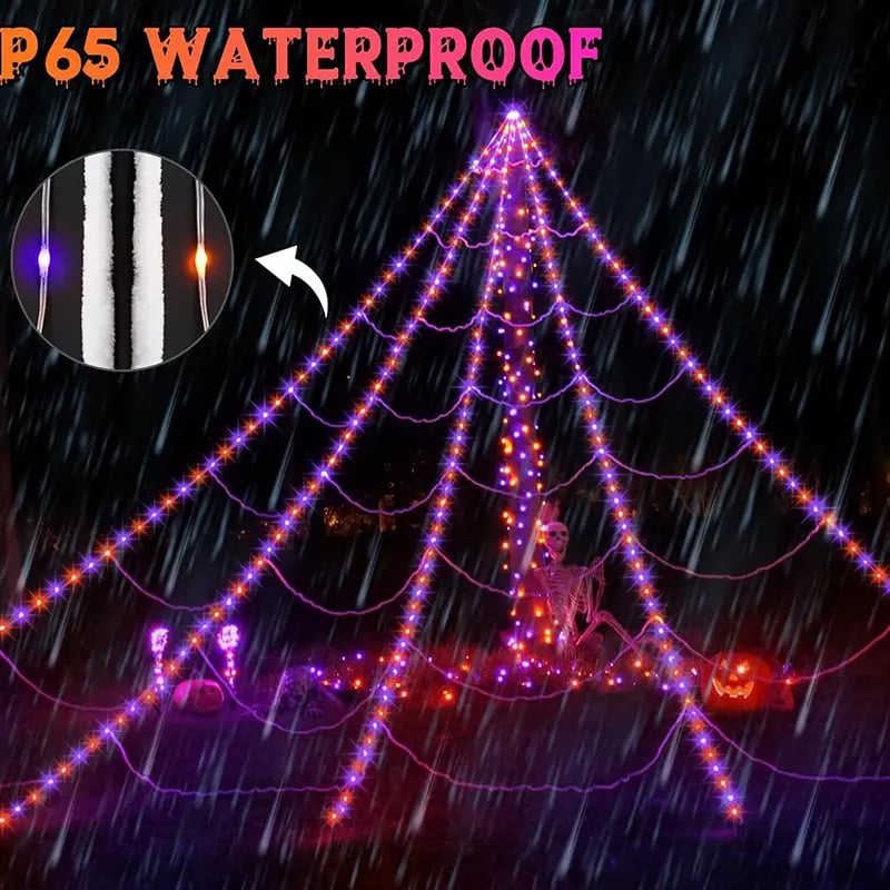 🕷️Light-Up Halloween Spider Web Decor with Timer – Waterproof Purple & Orange LED Spooky Lights for Lawn & Outdoor Party