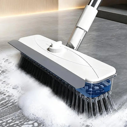 ALL‑in‑1 Liquid Dispensing Floor Scrub Brush with Squeegee, Long Ergonomic Handle Press‑to‑Release Soap Tank Hard Bristle Stand‑Up Scrubber