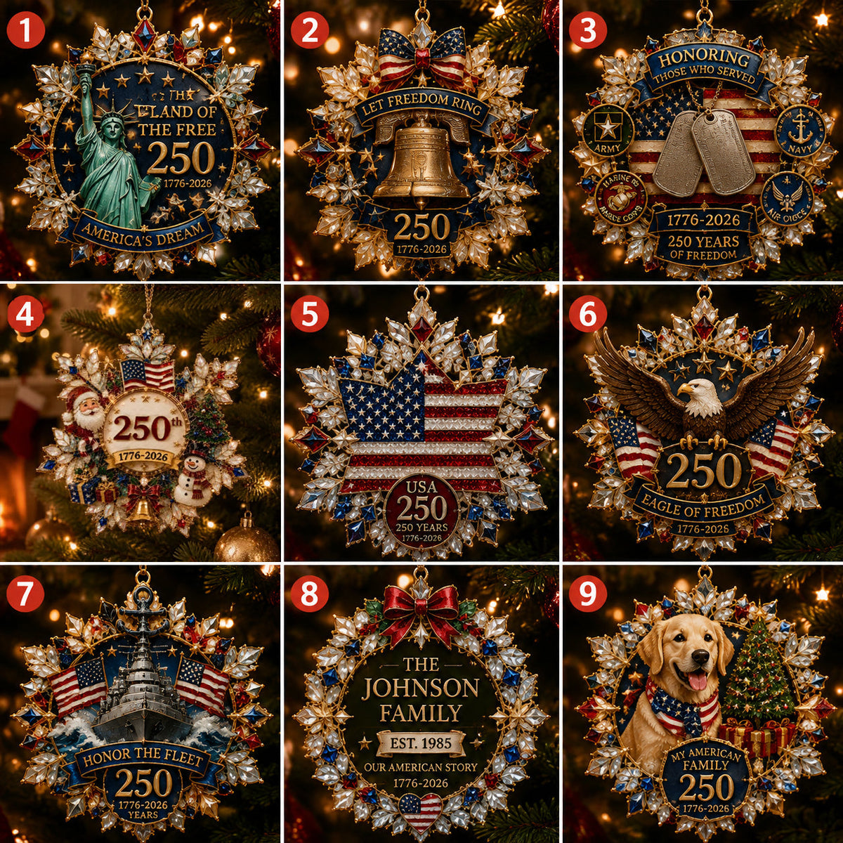 🔥🎁America 250 Crystal Patriotic Christmas Ornament