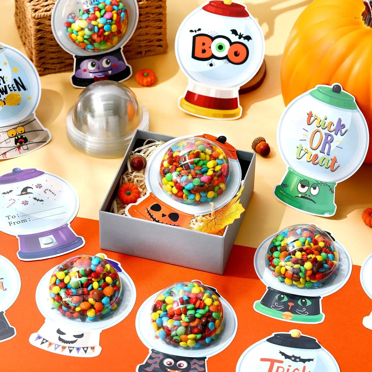 Candy Dome Holder Kit – 24/48 Pack DIY Trick-or-Treat Treat Cards with Clear Candy Domes & Stickers