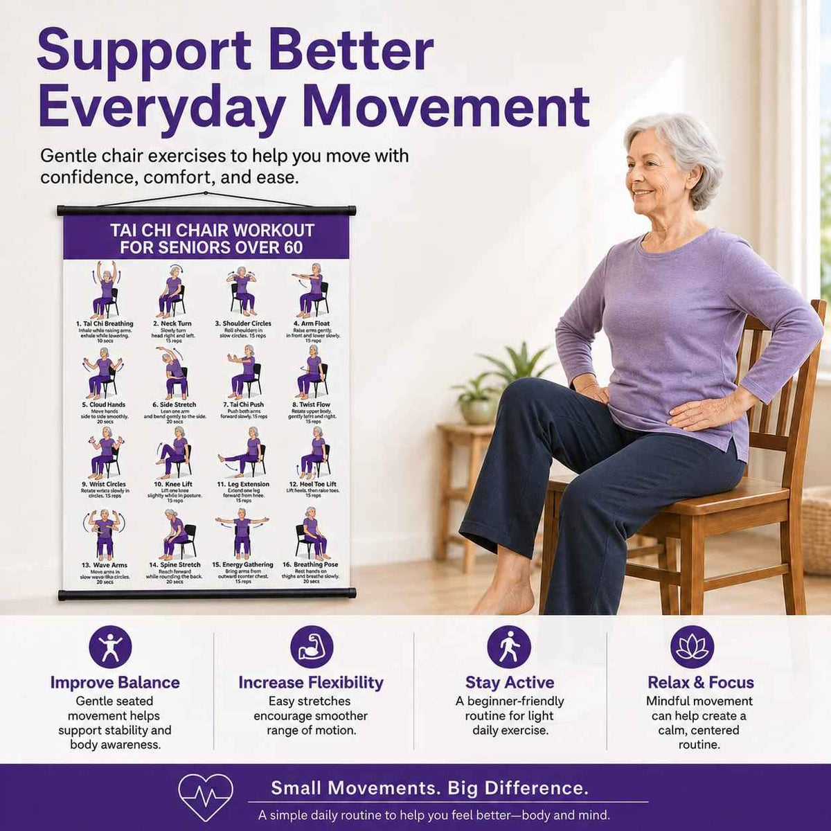 🧘 Daily Chair Tai Chi Exercise Poster | Senior Wellness Training Canvas Wall Art