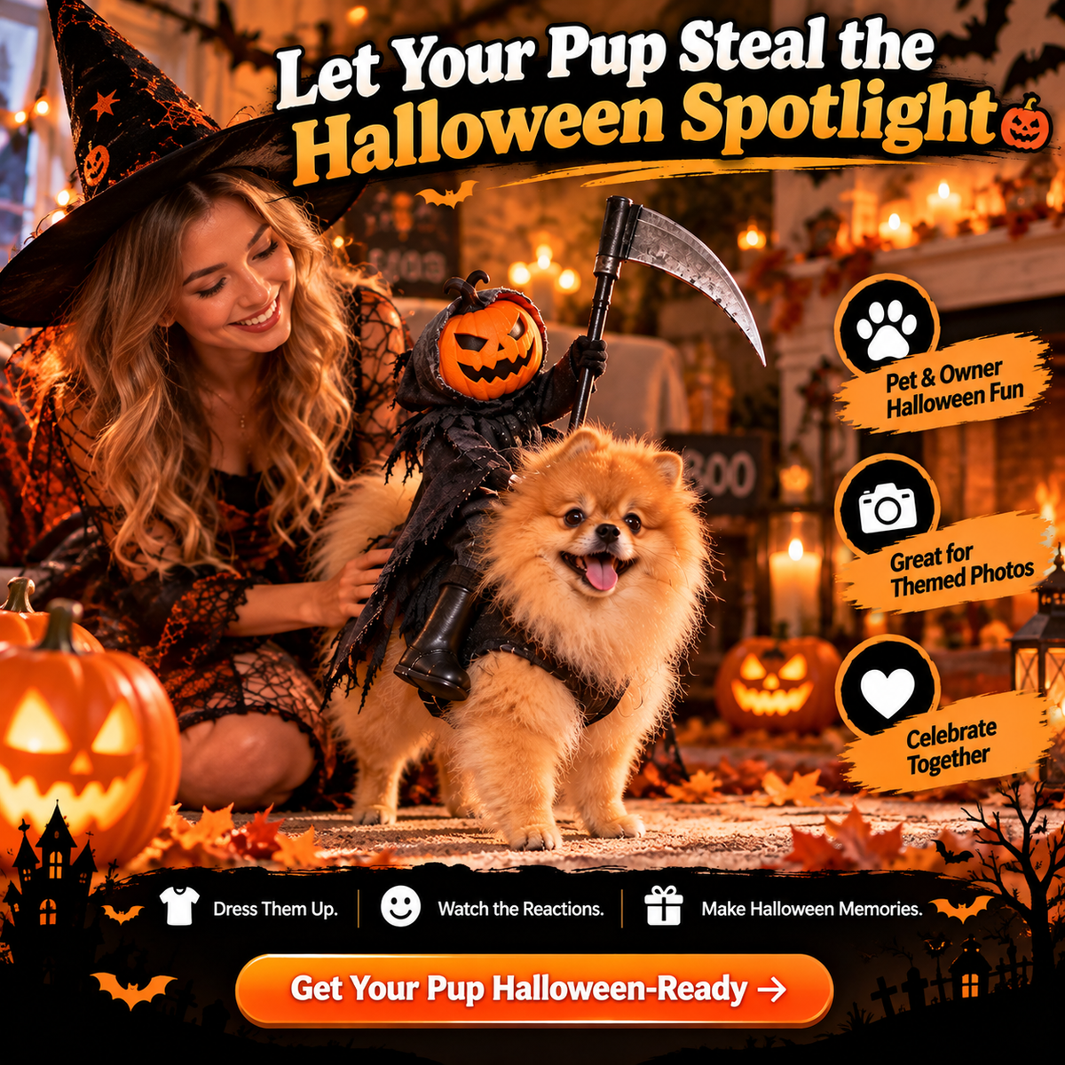 🎃 Spooky Rider™ – Funny Pumpkin Reaper Halloween Dog Costume