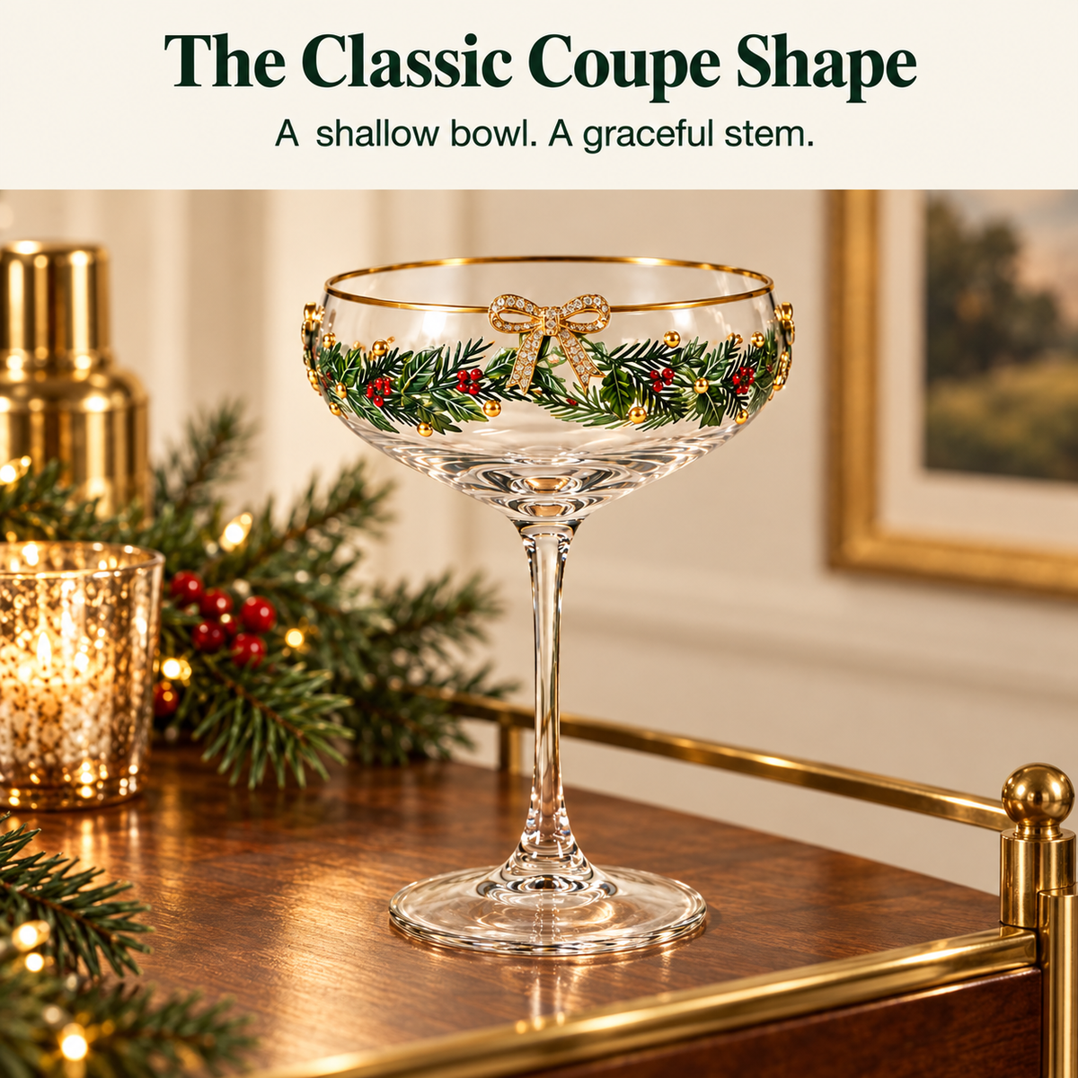 🎄 Christmas Bow Coupe Glass – Gold-Rimmed Holiday Glassware for Festive Tables & Toasts