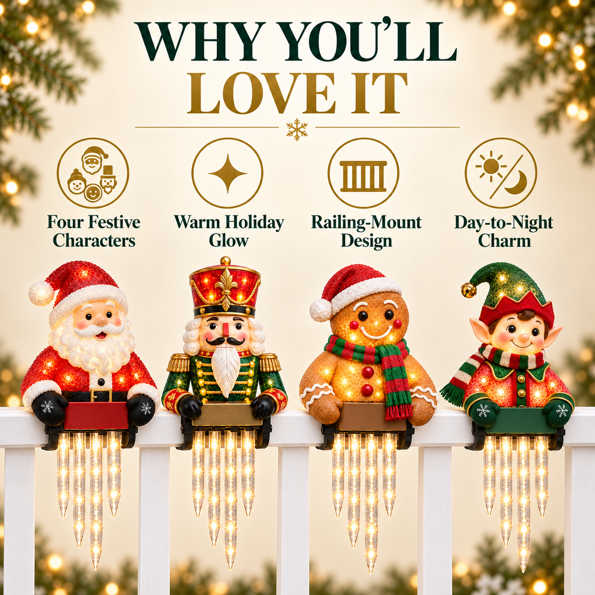 🎄✨ Christmas Character Icicle Lights – Festive LED Railing & Holiday Hanging Décor