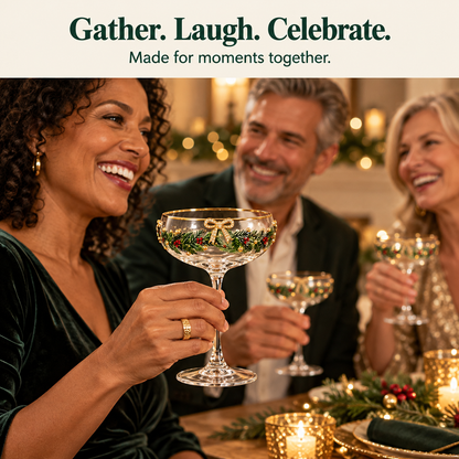 🎄 Christmas Bow Coupe Glass – Gold-Rimmed Holiday Glassware for Festive Tables & Toasts