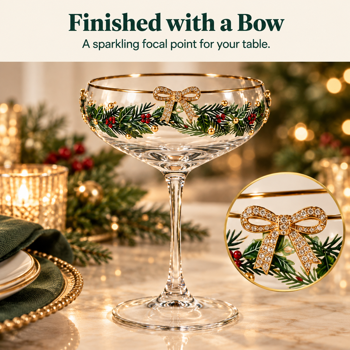 🎄 Christmas Bow Coupe Glass – Gold-Rimmed Holiday Glassware for Festive Tables & Toasts