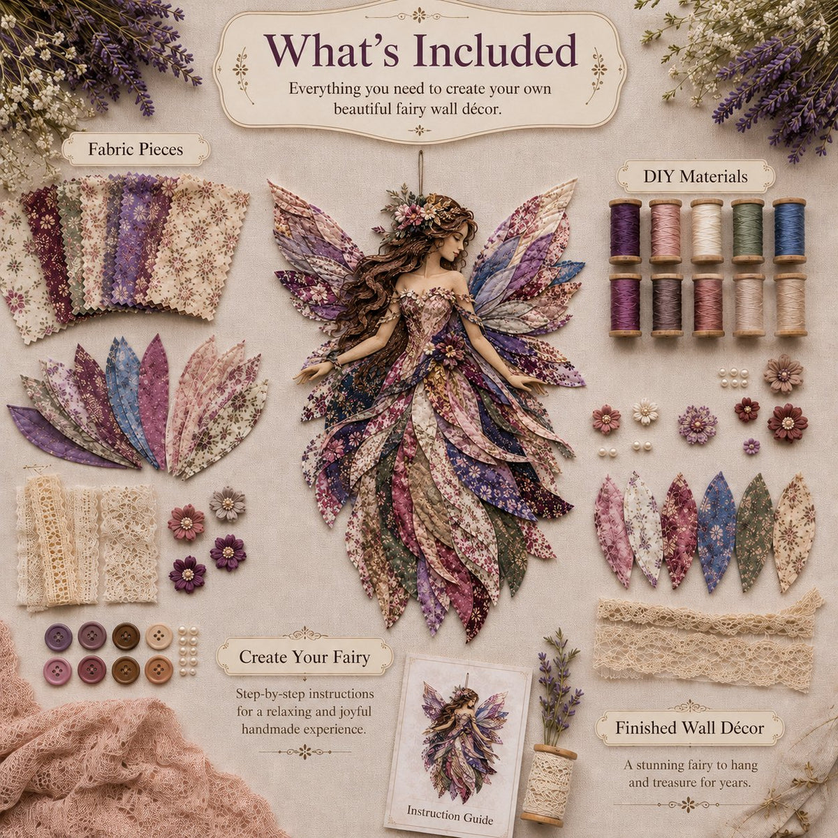 💯🧚‍♀️🌸 Premium Fairy Patchwork DIY Kit | High-Quality Layered Fabric with Floral Wings DIY Handmade Fantasy Wall Decor ✨15*12cm