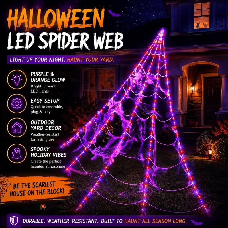 🕷️Light-Up Halloween Spider Web Decor with Timer – Waterproof Purple & Orange LED Spooky Lights for Lawn & Outdoor Party