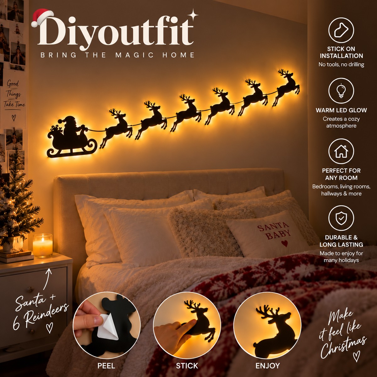 🎅 Christmas Santa Sleigh & Reindeer Press‑On LED Wall Decor | Festive Holiday Wall Art