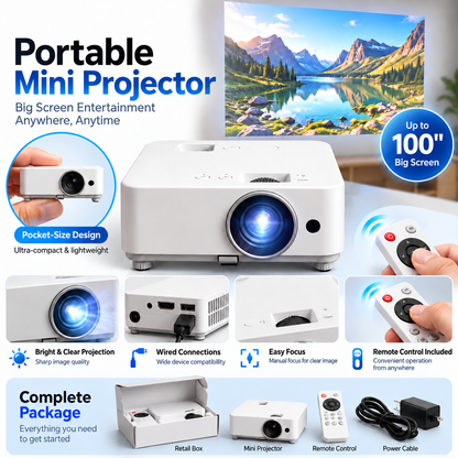 📽️ Portable Mini Projector – Up to 100″ Big-Screen Viewing with Remote Control