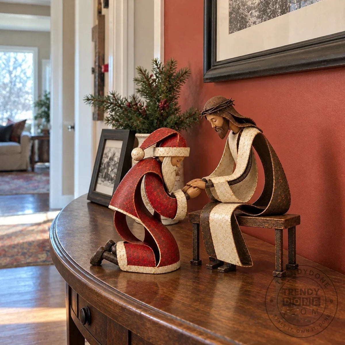Santa Claus Kneeling Before Jesus Christ Christmas Religious Figurine