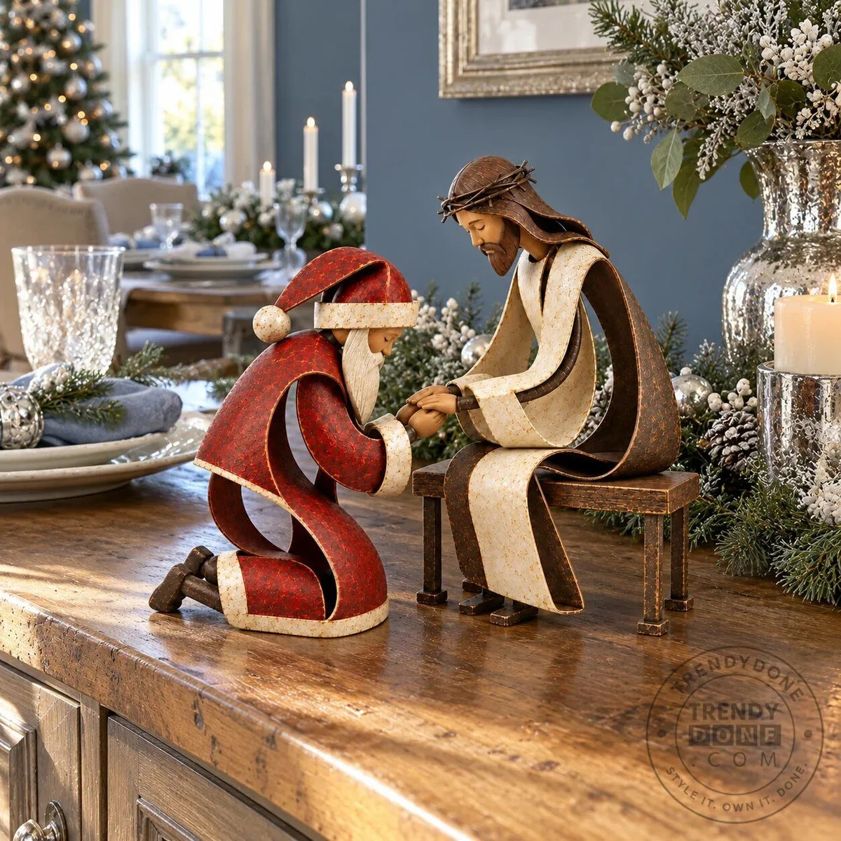 Santa Claus Kneeling Before Jesus Christ Christmas Religious Figurine