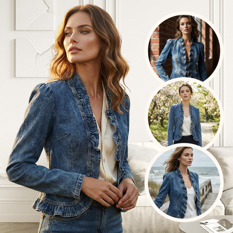 🧥 LIMITED-TIME 49% OFF! ✨ Women's Denim Jacket – Open-Front, Ruffle Trim, Lightweight, Classic Wash ✨