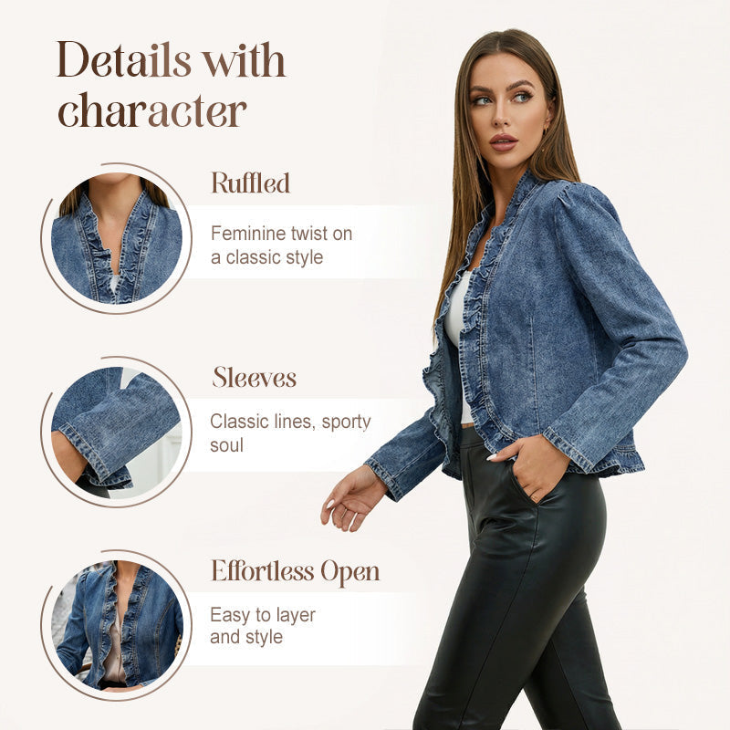 🧥 LIMITED-TIME 49% OFF! ✨ Women's Denim Jacket – Open-Front, Ruffle Trim, Lightweight, Classic Wash ✨