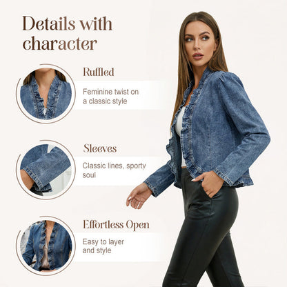🧥 LIMITED-TIME 49% OFF! ✨ Women's Denim Jacket – Open-Front, Ruffle Trim, Lightweight, Classic Wash ✨