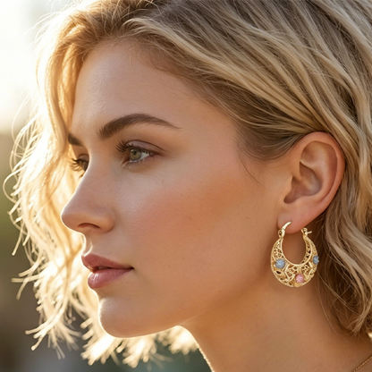 📢📢30% OFF !! ⏰ Gold-Plated Crescent Hoop Earrings with Enamel Flowers