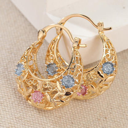 📢📢30% OFF !! ⏰ Gold-Plated Crescent Hoop Earrings with Enamel Flowers