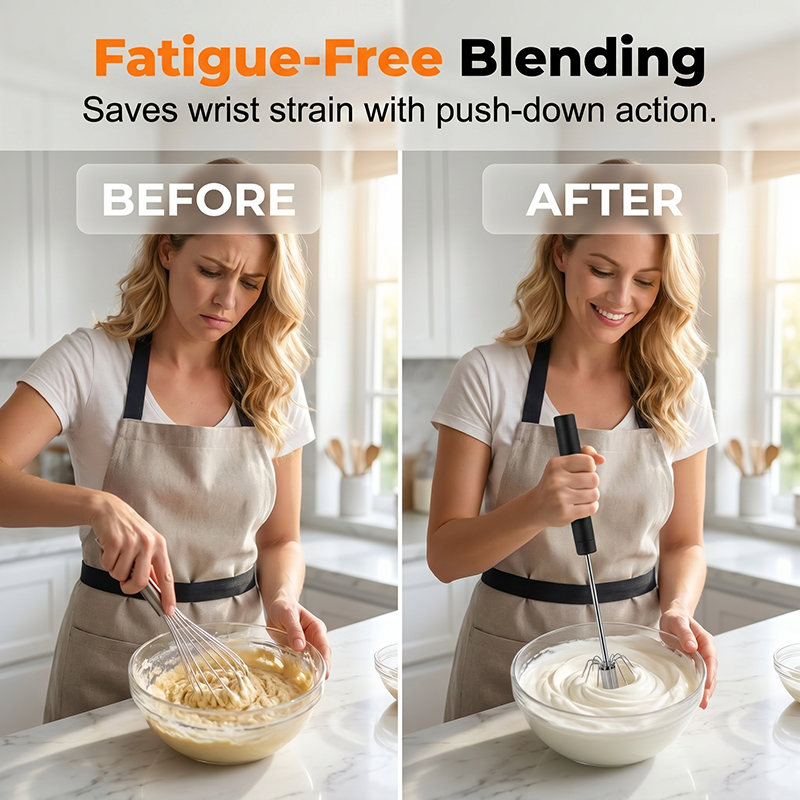🥚🍳 Limited Time 50% OFF✨ Semi-Automatic Turbo Stainless Steel Hand Whisk, No-Slip Grip Food-Grade Push Action Mixer for Egg Beating, Cream Whipping, Cake Baking & Daily Kitchen Use